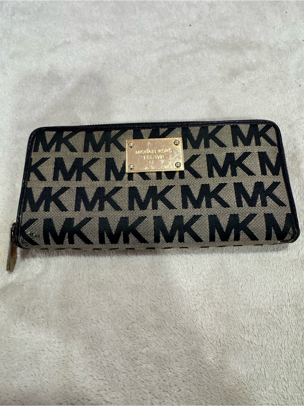 Michael Kors Black and Beige MK Logo Zip Wallet with Gold Plate